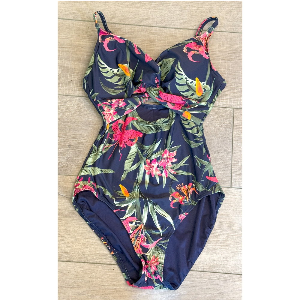 NWT SOMA LE TIGRE TROPICAL NAVY TWIST FRONT KEYHOLE ONE PIECE SWIMSUIT SZ 6